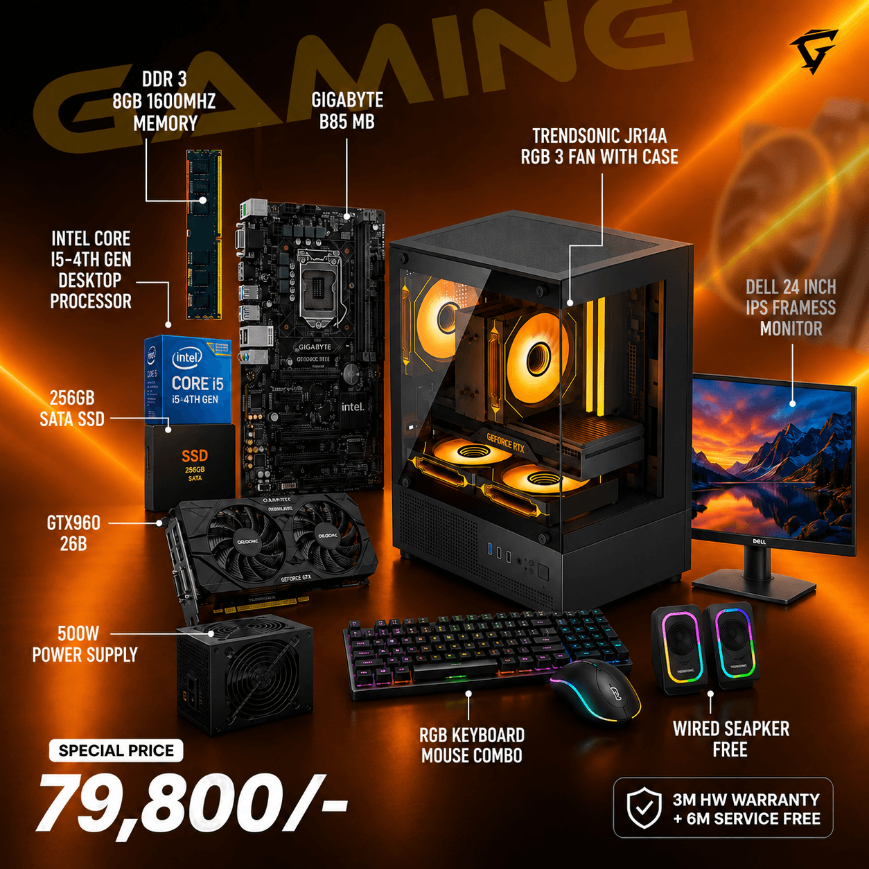 INTEL i5 4TH GEN,  DDR3 8GB, 256GB SSD, GTX960 2GB, 24" IPS FREAMLESS  FULL-SET GAMING PC BUILD - Image 1